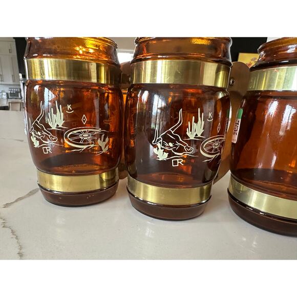 Vintage Siesta Ware Mugs | Western‎ Set of 6 | Amber Glass with Wood Handles - Picture 4 of 4